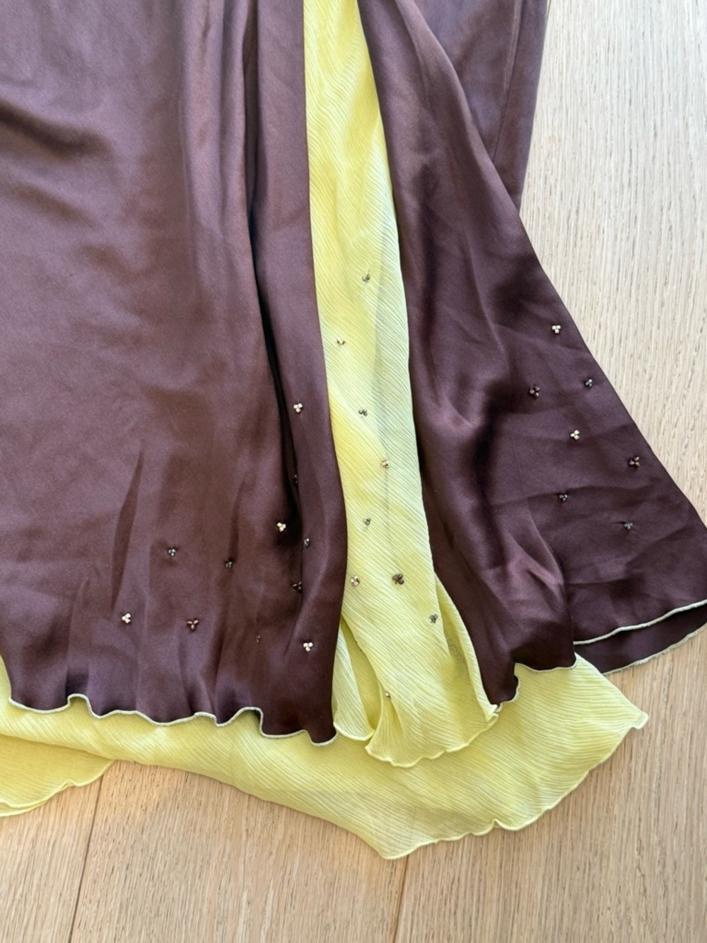 Vintage Bianca Nygård 100% Silk Bias Skirt NWT Brown Chartreuse Layered Midi 10 - Picture 7 of 11